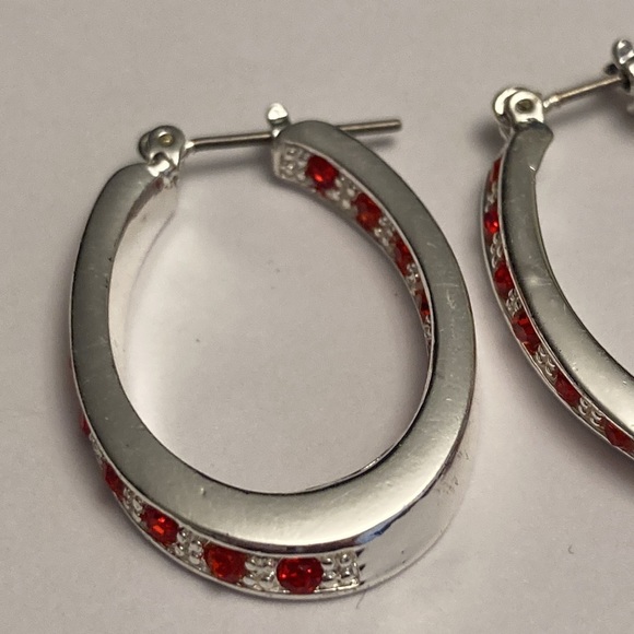 Silver Tone Hoop Earrings with Red Accents - Picture 10 of 15